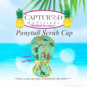 New Womens Pineapple Ponytail Scrub Cap, Summer Cap, Ribbon Ties